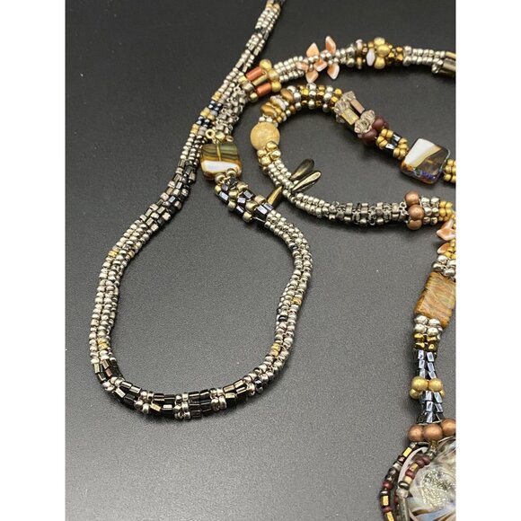 Artisan Necklace Boho Natural Stone Shell Glass Bead Antiqued Bronze Toggle 38" - Picture 7 of 13